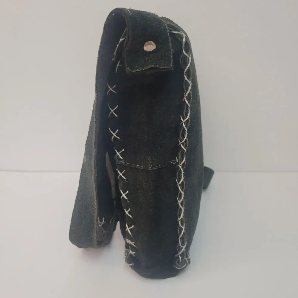 Black Suede Leather Crossbody Bag Yin Yang Handmade Boho Hippie Distressed